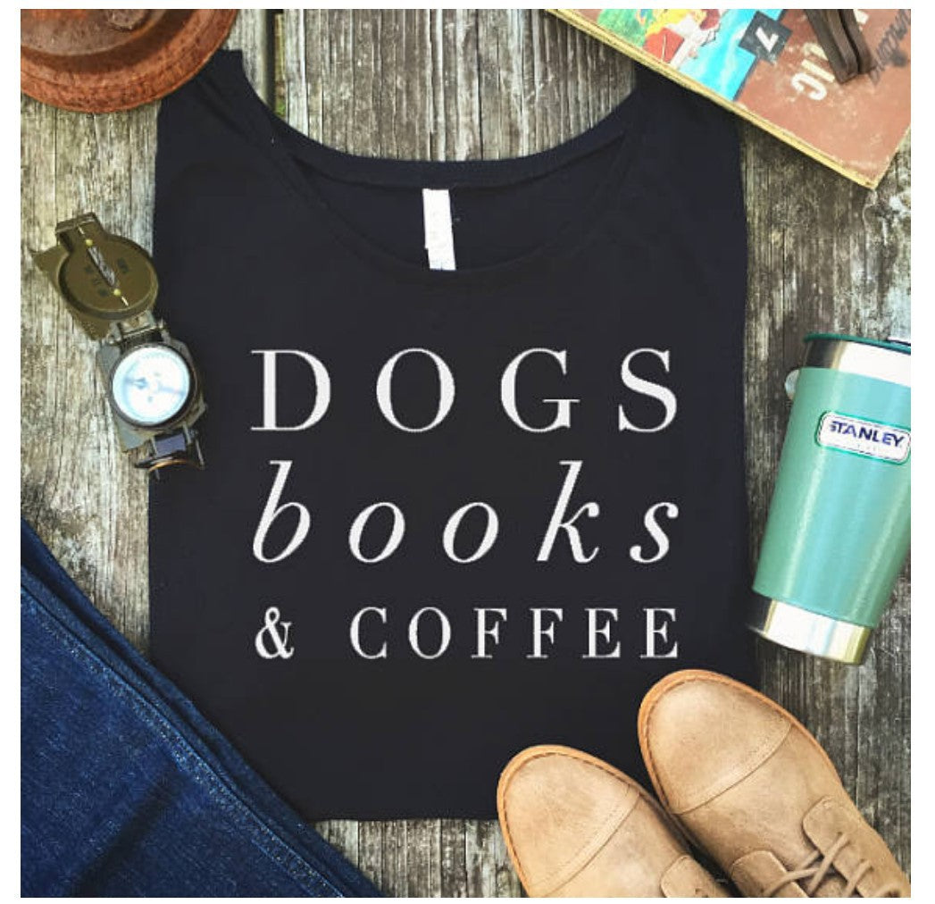 Letter Print T-Shirt with Dogs, Books, and Coffee Design