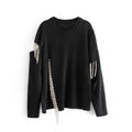 Rhinestone Fringed Hollow-Out Knit Sweater (Loose Fit)
