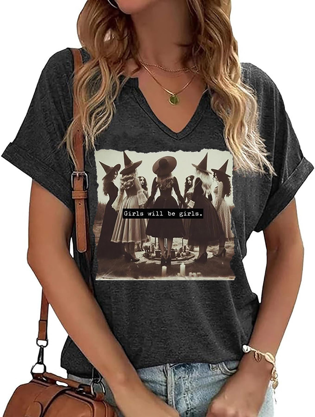 Girls Will be Girls Halloween Witch T Shirts for Women Midsummer Witches Gather Graphic Tees Halloween Party Shirt Top(Dark GreyM)