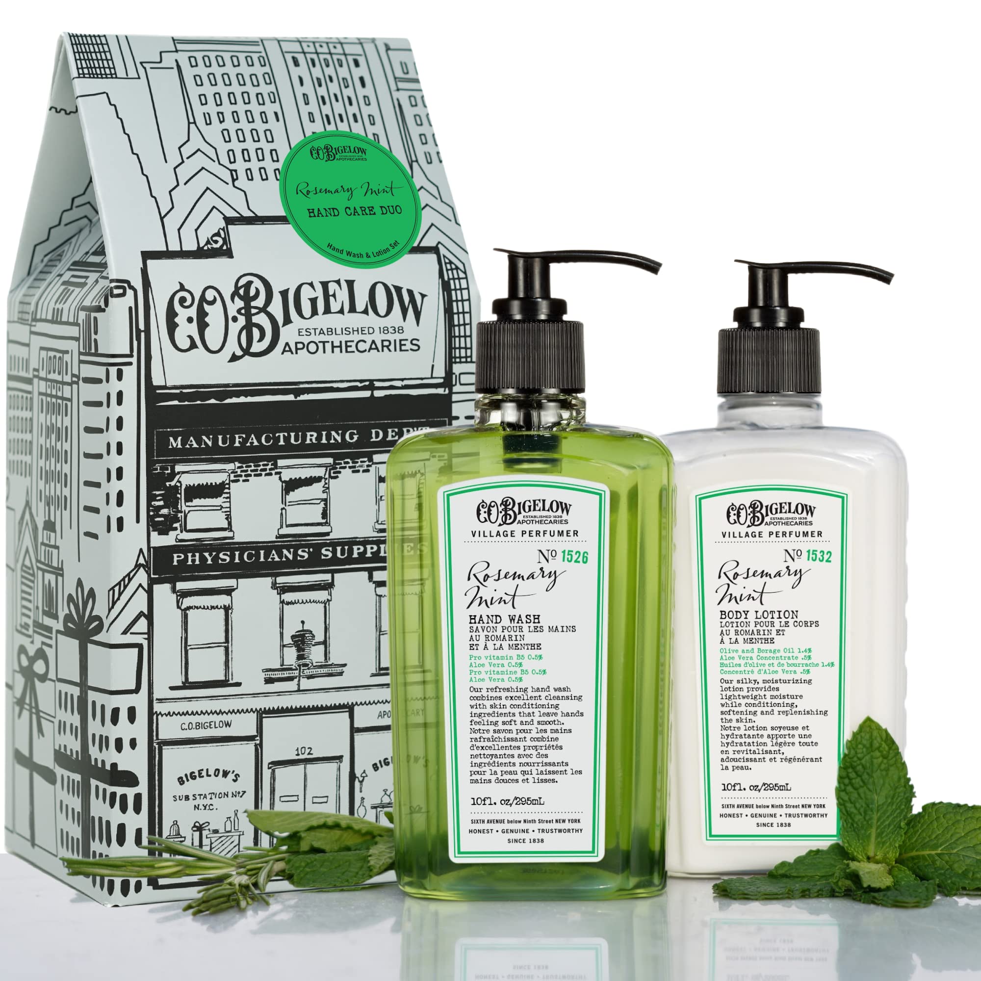 C.O. Bigelow Rosemary Mint Hand Care Duo Hand Soap & Lotion Gift Set Set of Two - Apothecary Hand Care for Dry Skin with Moisturizing Lotion & Liquid Hand Wash - 10fl oz Each