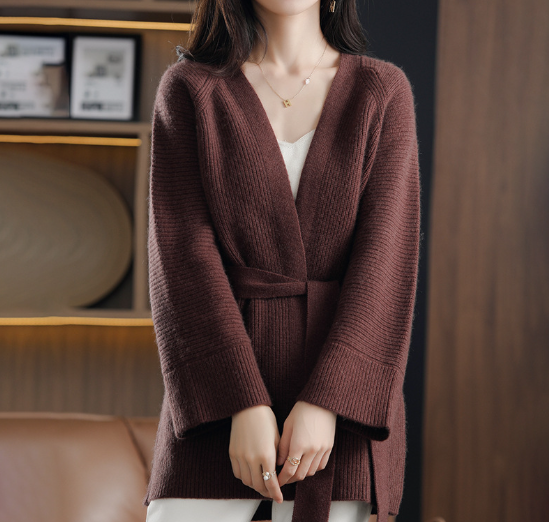 Knit Overlay Mid-Length Cardigan Sweater for Women
