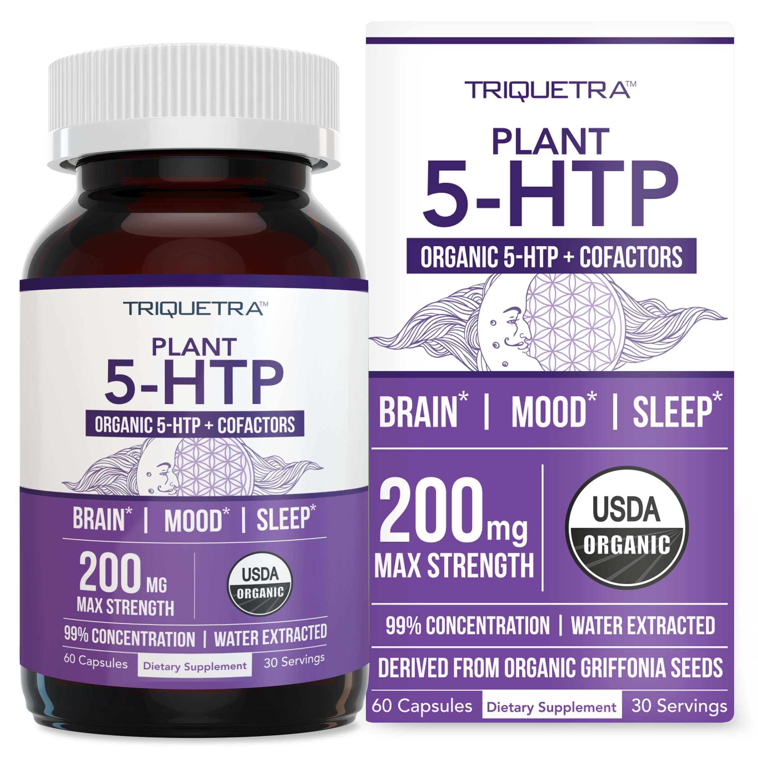 Organic 5-HTP - 200 mg | 99% 5HTP Concentration Plus Cofactor Vitamin B6 & Lion’s Mane | Water Extracted from Organic Griffonia Seeds | Supports Mood Cognition & Sleep (60 Capsules | 30 Servings)