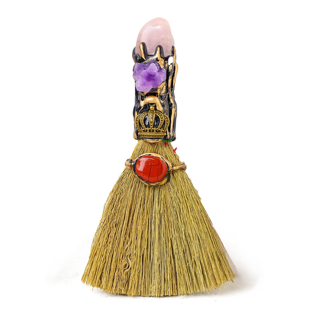 RJINGSHI Natural Rose Quartze Irregulars Tumbled Stones Magic Broom Witch Broom Healing Crystal Handmade for Cleansing Bedroom Office Home Decor Gifts