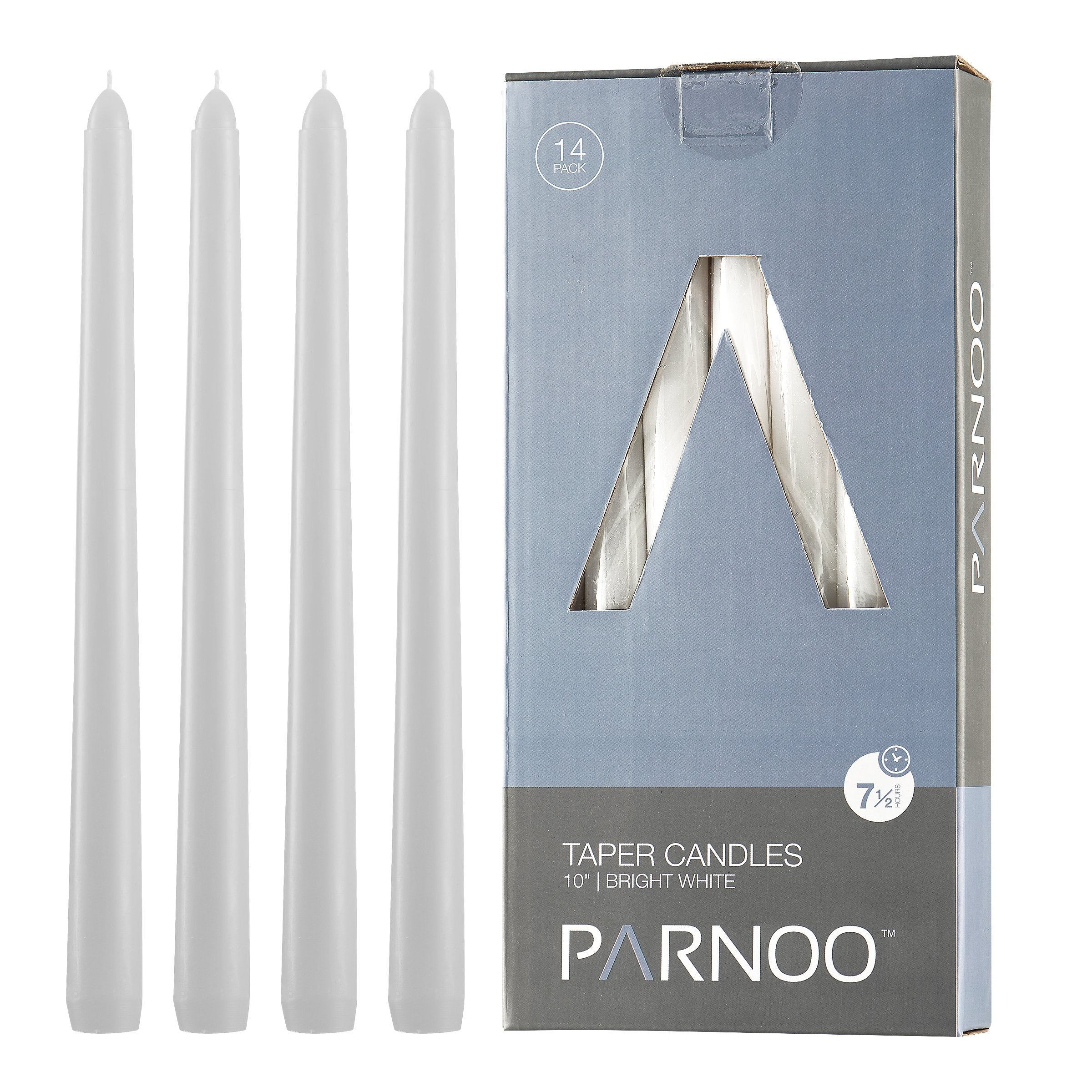 White Taper Candles - Set of 14 Dripless Candles - 10 inch Tall 3/4 inch Thick - 7.5 Hour Clean Burning