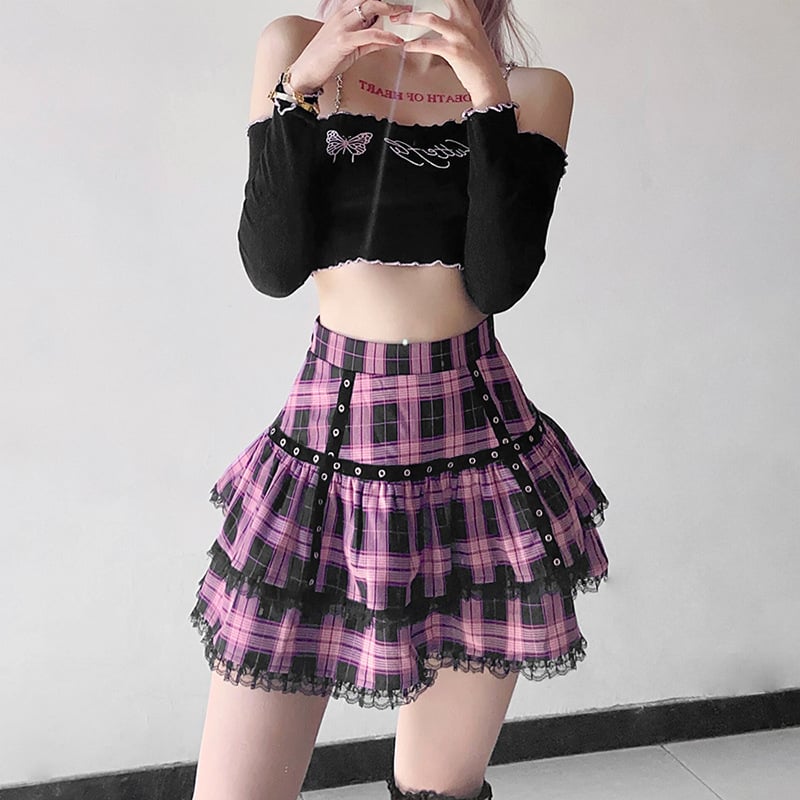 Ruffled Irregular Plaid High Waist Skirt