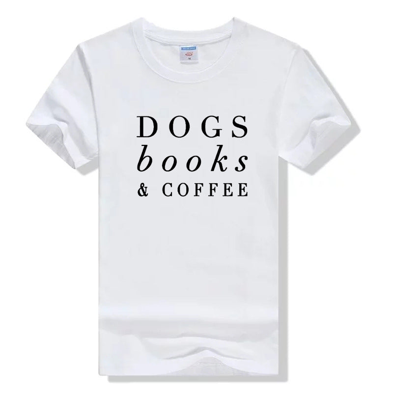 Letter Print T-Shirt with Dogs, Books, and Coffee Design