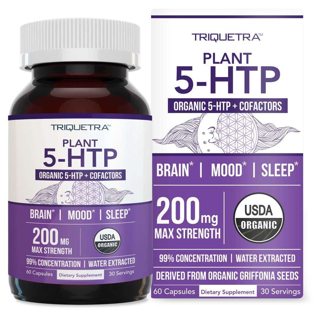 Organic 5-HTP - 200 mg | 99% 5HTP Concentration Plus Cofactor Vitamin B6 & Lion’s Mane | Water Extracted from Organic Griffonia Seeds | Supports Mood Cognition & Sleep (60 Capsules | 30 Servings)