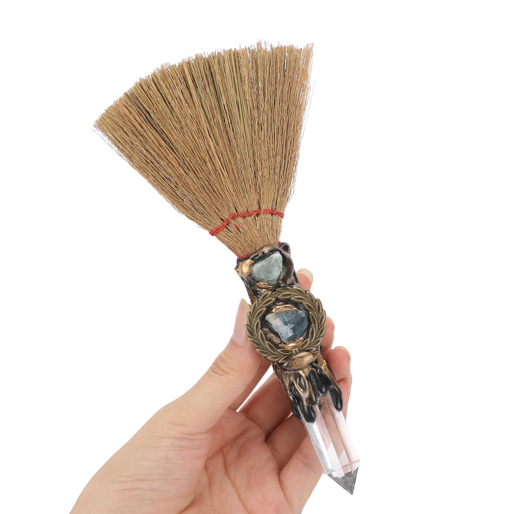 RENEMEGO Witch Crystal Altar Broom - Natural Crystal Magic Broom for Wiccan Décor Halloween Costume Handmade 8 Inches Mini Witches Broomstick with White Crystal Stone for Cleansing Healing Feng Shui