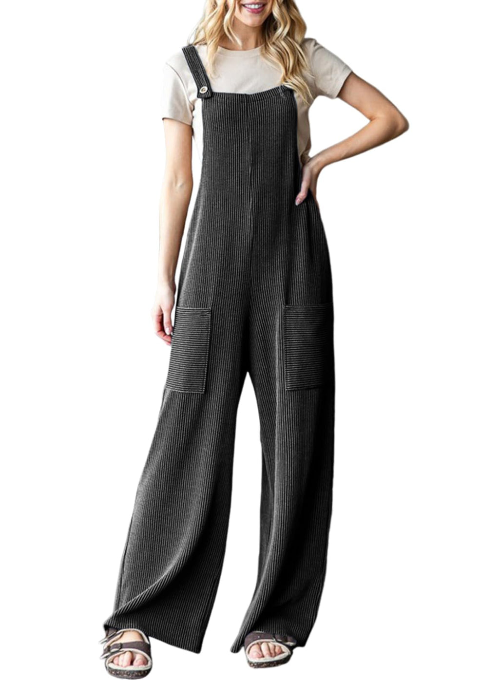 Dokotoo Plus Size Womens Jumpsuits Loose Casual Overalls Wide Leg One Piece Sleeveless Solid Jumpsuit Adjustable Straps Long Pant Rompers with Pockets Carbon Grey XX-Large
