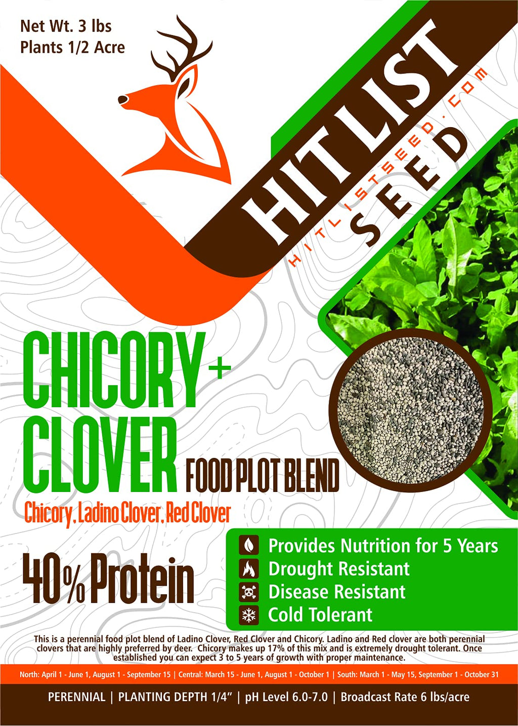 HIT LIST SEED® Chicory + Clover Food Plot Seeds for Deer [Perennial] - Deer Food Plot Seed Perennial - Deer Plot Seed Mix - Chicory Ladino Clover Red Clover - Spring Summer & Fall Planting - 3 lbs