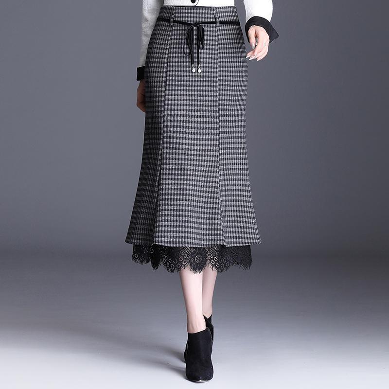 Irregular Ruffled High Waist Plaid Fishtail Skirt