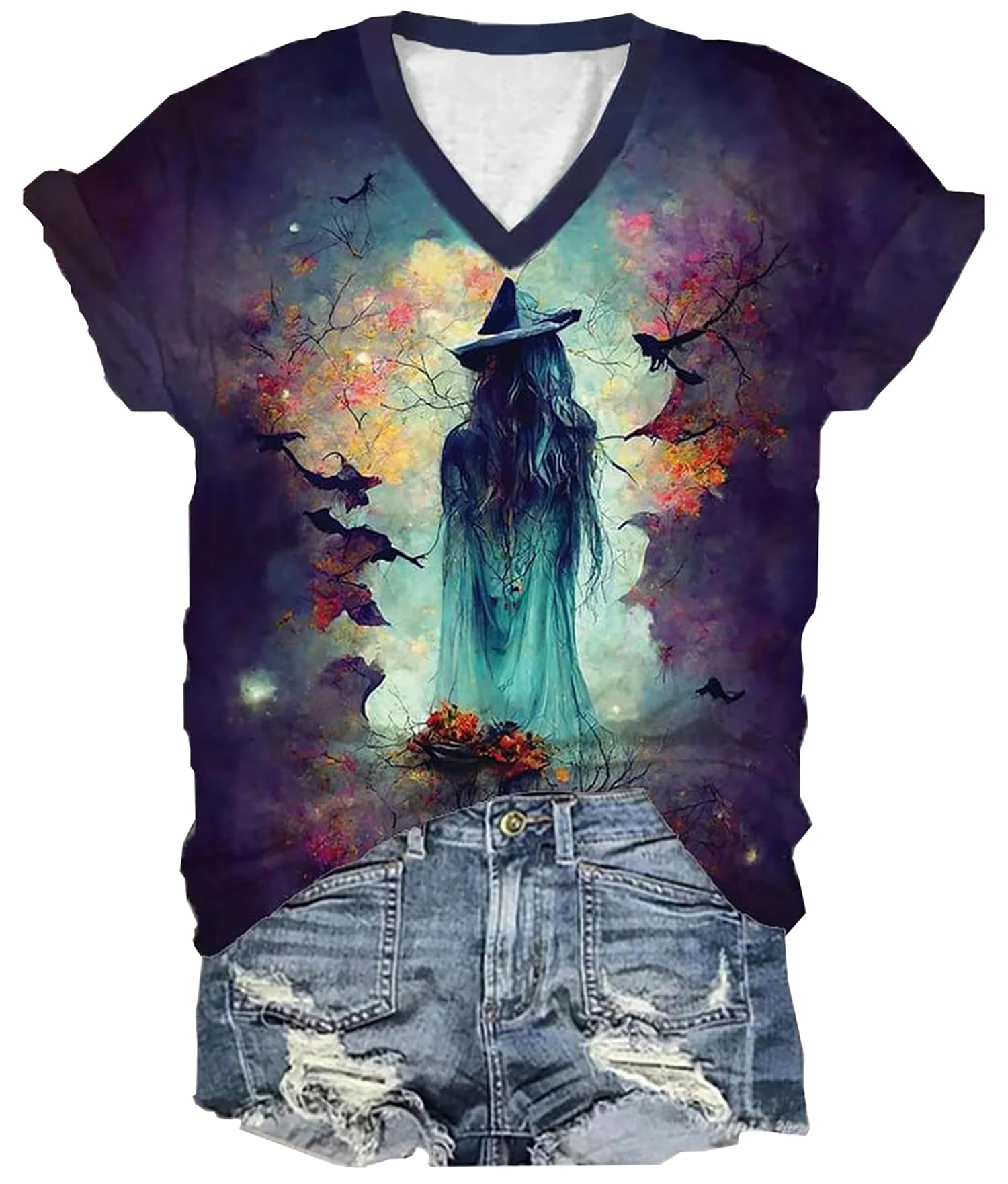 Halloween Shirts for Women Witches Gather Party Tshirt Halloween Witches Graphic Tees Witches Full Moon Art Print Shirt(PurpleM)