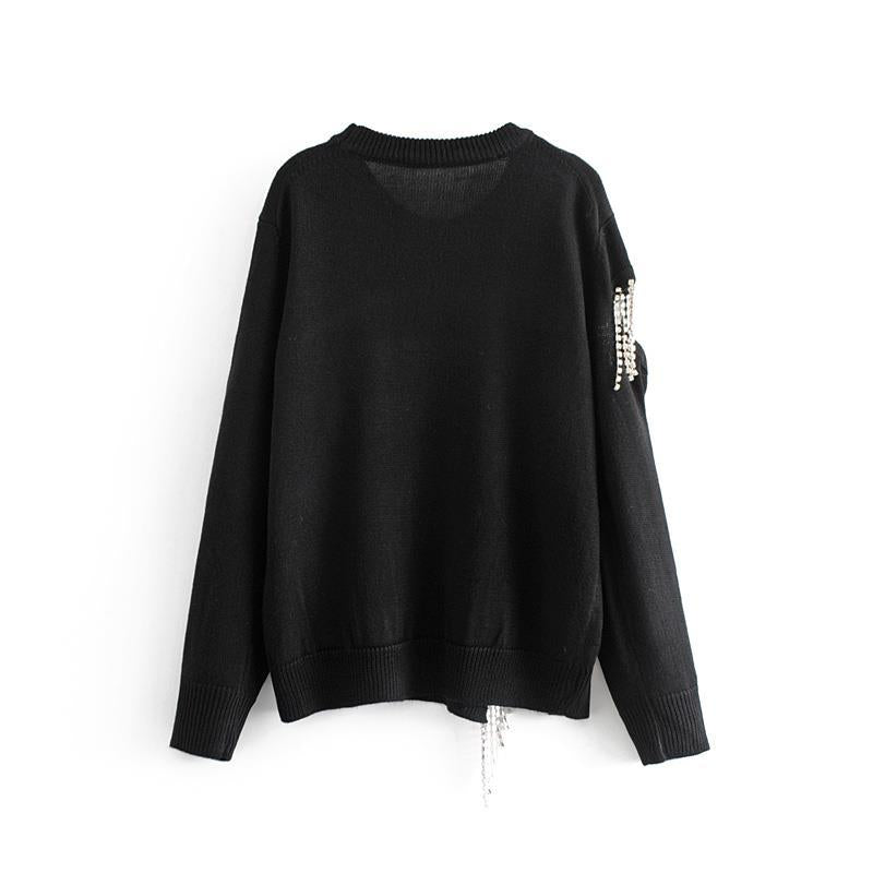 Rhinestone Fringed Hollow-Out Knit Sweater (Loose Fit)