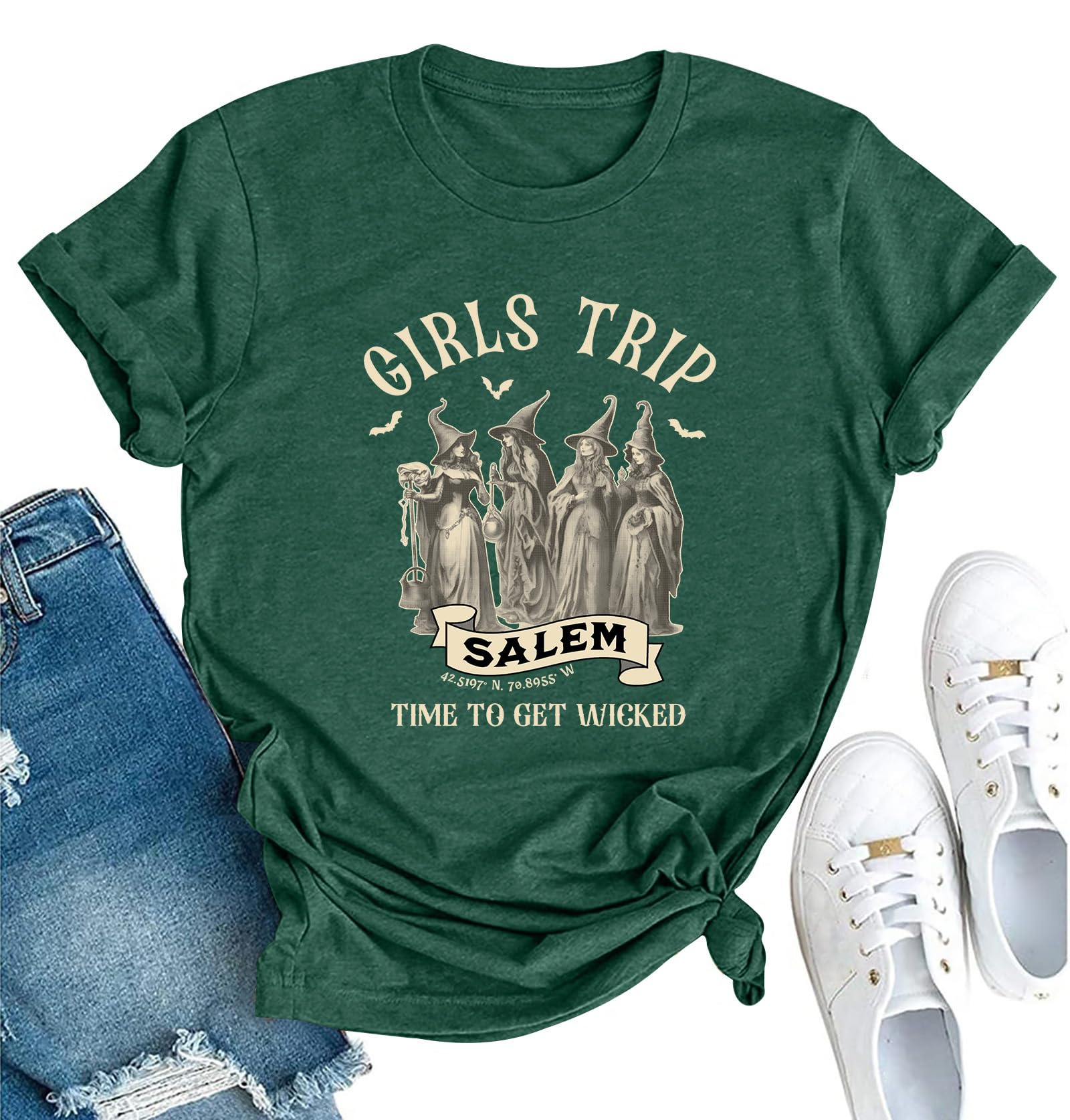 YI XIANG RAN Halloween T Shirt Women Sanderson Shirt Witches Graphic Tees Casual Short Sleeve Holiday Shirts Top(SalemGreen2 Medium)