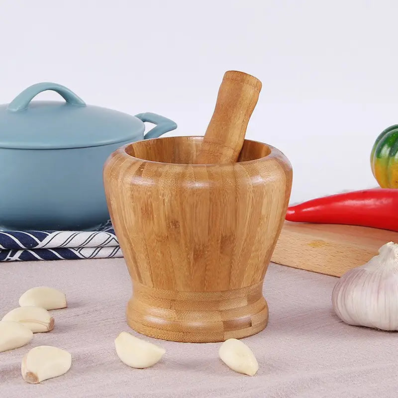 Wooden Mortar and Pestle Set for Garlic and Herbs
