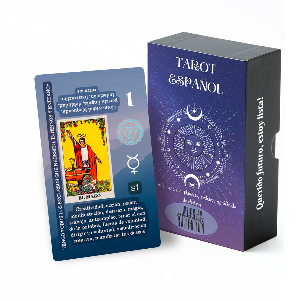 Witchy Cauldron Spanish Learning Tarot Card for Beginners with Meanings on Them - Training Beginner Tarot for Tarot Learners Including Chakra Planet Zodiac Element Yes or No.