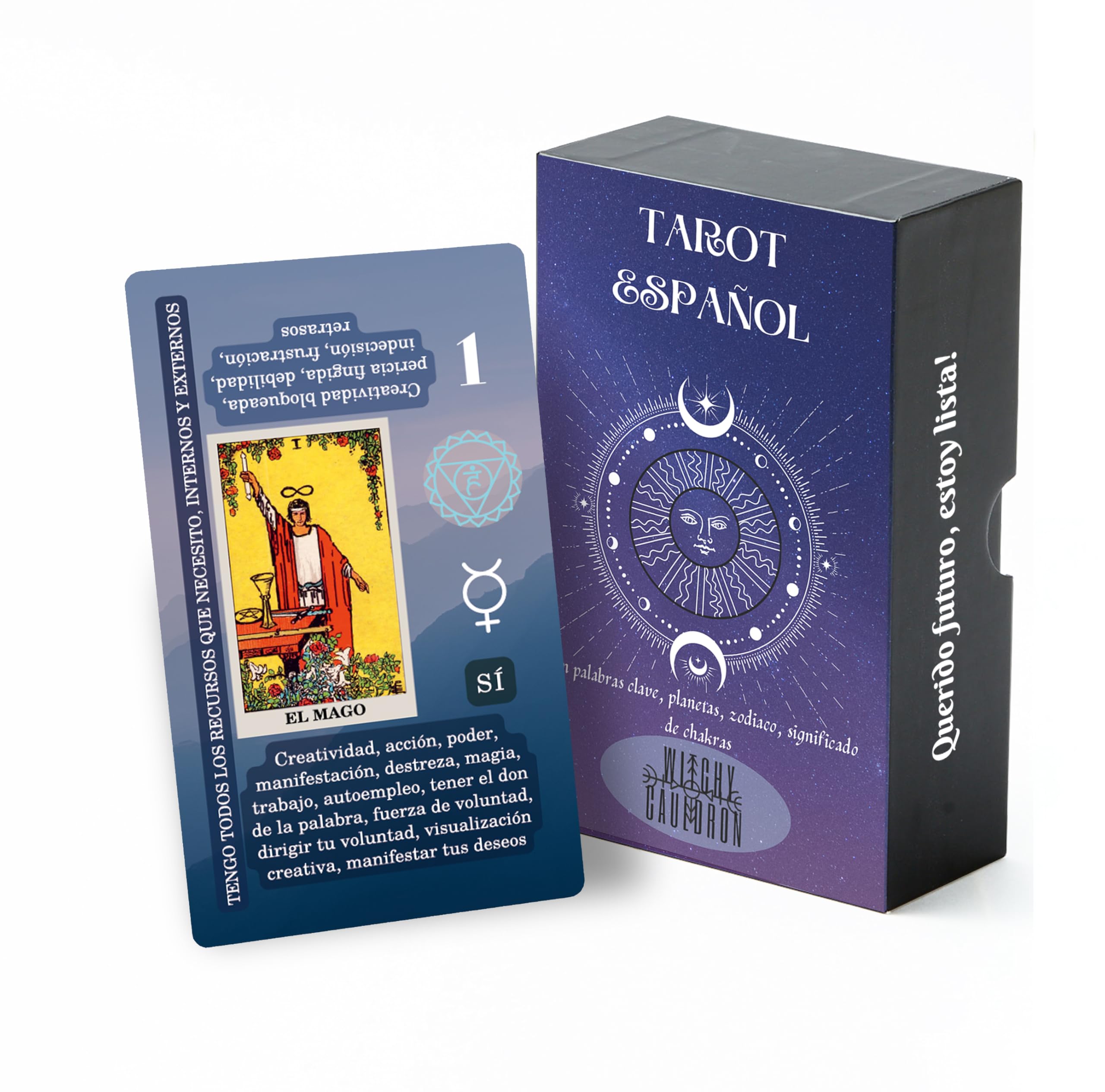 Witchy Cauldron Spanish Learning Tarot Card for Beginners with Meanings on Them - Training Beginner Tarot for Tarot Learners Including Chakra Planet Zodiac Element Yes or No.