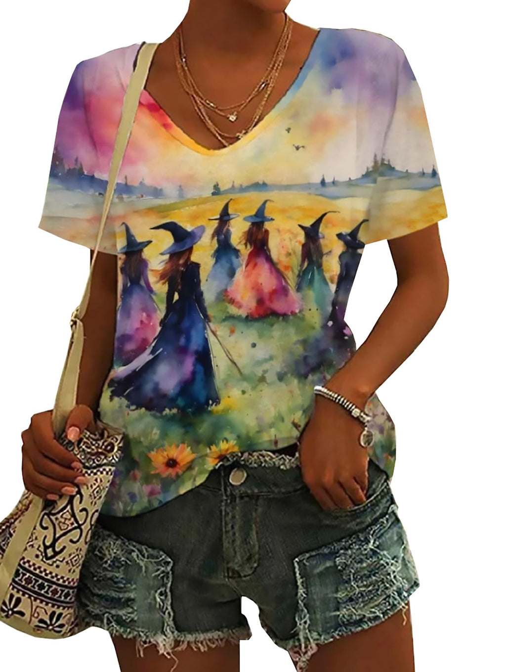 jusgai Womens Midsummer Witches Gather T-Shirt Holloeween Painting Witches Shirts V-Neck Midnight Margaritas Witch Tops(Multicolor Large)
