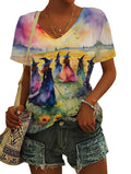 jusgai Womens Midsummer Witches Gather T-Shirt Holloeween Painting Witches Shirts V-Neck Midnight Margaritas Witch Tops(Multicolor Large)