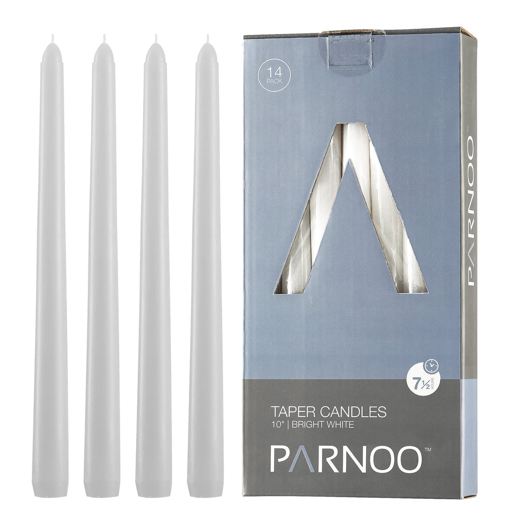 White Taper Candles - Set of 14 Dripless Candles - 10 inch Tall 3/4 inch Thick - 7.5 Hour Clean Burning