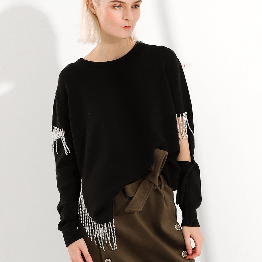 Rhinestone Fringed Hollow-Out Knit Sweater (Loose Fit)