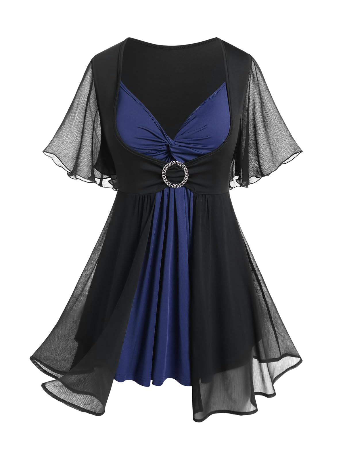 Rosegal Plus Size Womens Sweetheart Neck Two Tone O Ring Twist Chiffon Blouse Color Block 2 in 1 Short Butterfly Sleeve Flowy Top(Blue/1X)