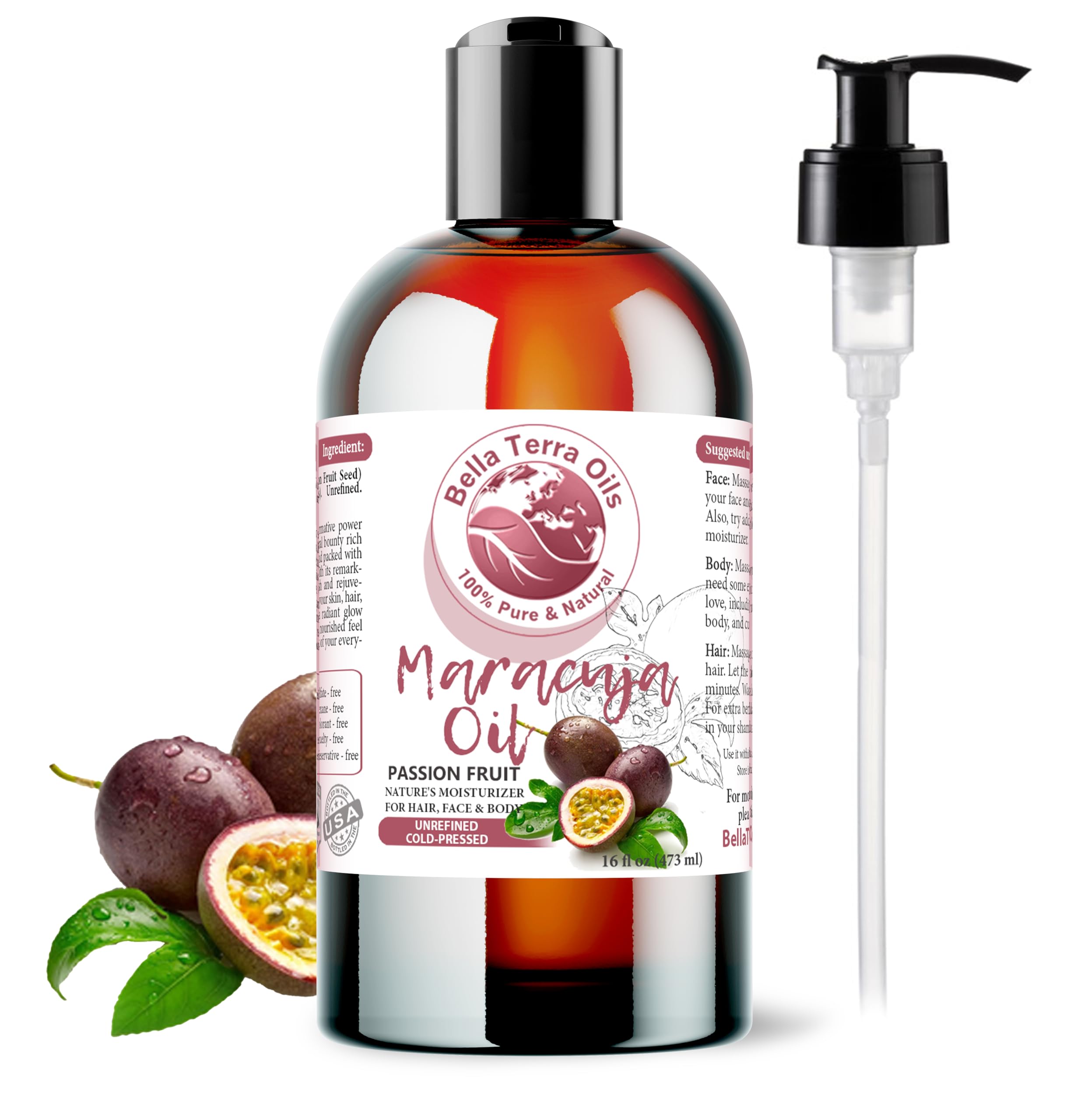 Bella Terra Oils - Maracuja Seed Oil 16oz - Cold-Pressed Purity from Passion Fruit Seeds Infused with Essential Minerals & Fatty Acids A Beacon for Skin Care Enthusiasts