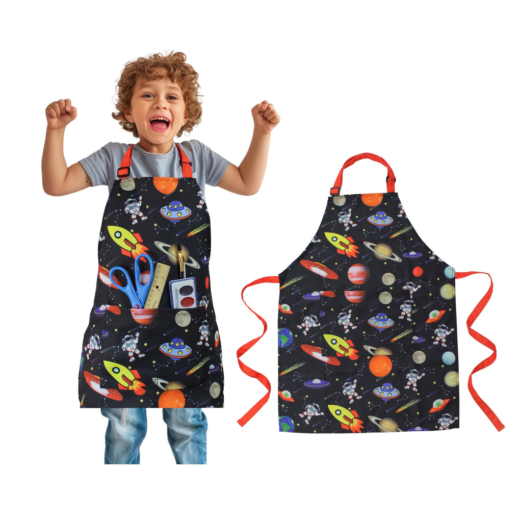 DASHN PRODUCTS Kids Apron - Space - Dual Pockets - chef kitchen cooking garden artist painting cleaning baking pottery gift boys girls