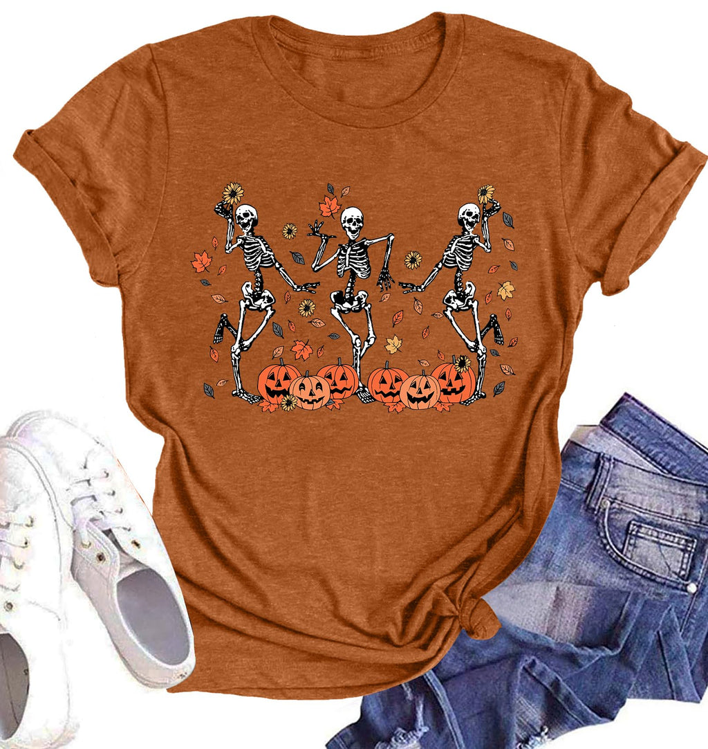Dancing Skeleton Shirt Women Halloween T-Shirt Fall Pumpkin Skeleton Tees Casual Halloween Party Tops