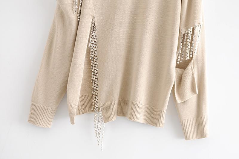 Rhinestone Fringed Hollow-Out Knit Sweater (Loose Fit)