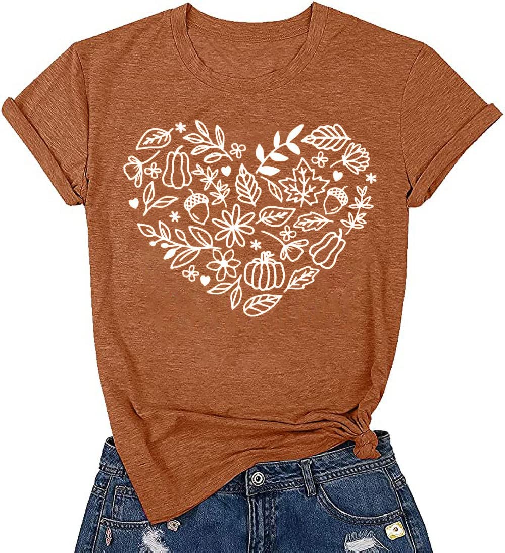 Fall Heart T-Shirt for Women Family Halloween Thanksgiving Tops Cute Autumn Floral Pumpkin Heart Graphic Tees(As ShownM)