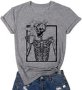 Hot Coffee Skeleton Shirt Women Halloween Skeleton Tshirt Funny Skull Graphic Tees Casual Fall Short Sleeve Tops (L Gray)