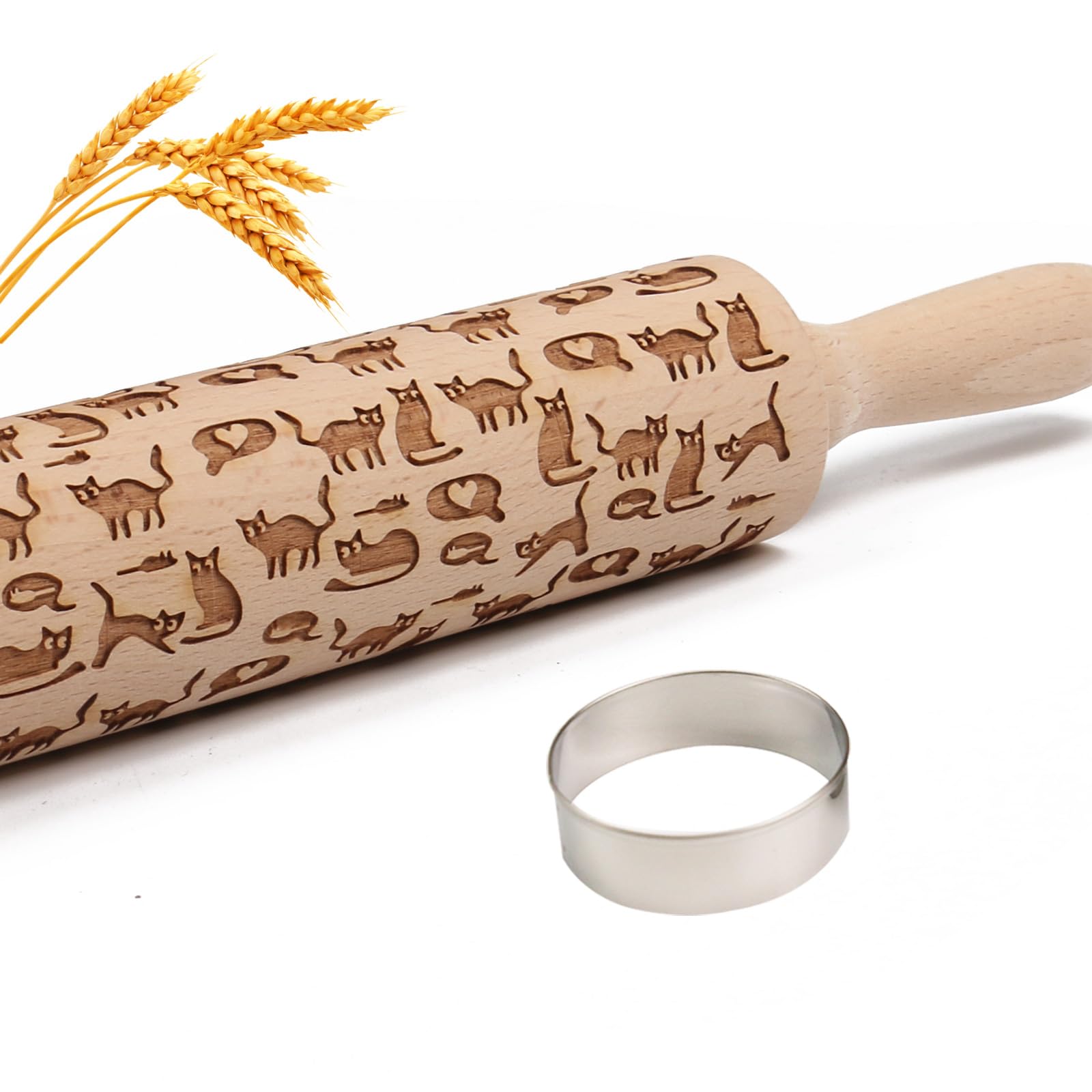 Embossed Rolling Pin for Baking Cookies Embossing Rolling Pins with Design Wooden Engraved Springerle Roller Pin Dough Animal Patterned Clay Pottery Ceramic Stamp Gifts Bakers Women Kids (Cat & Heart)