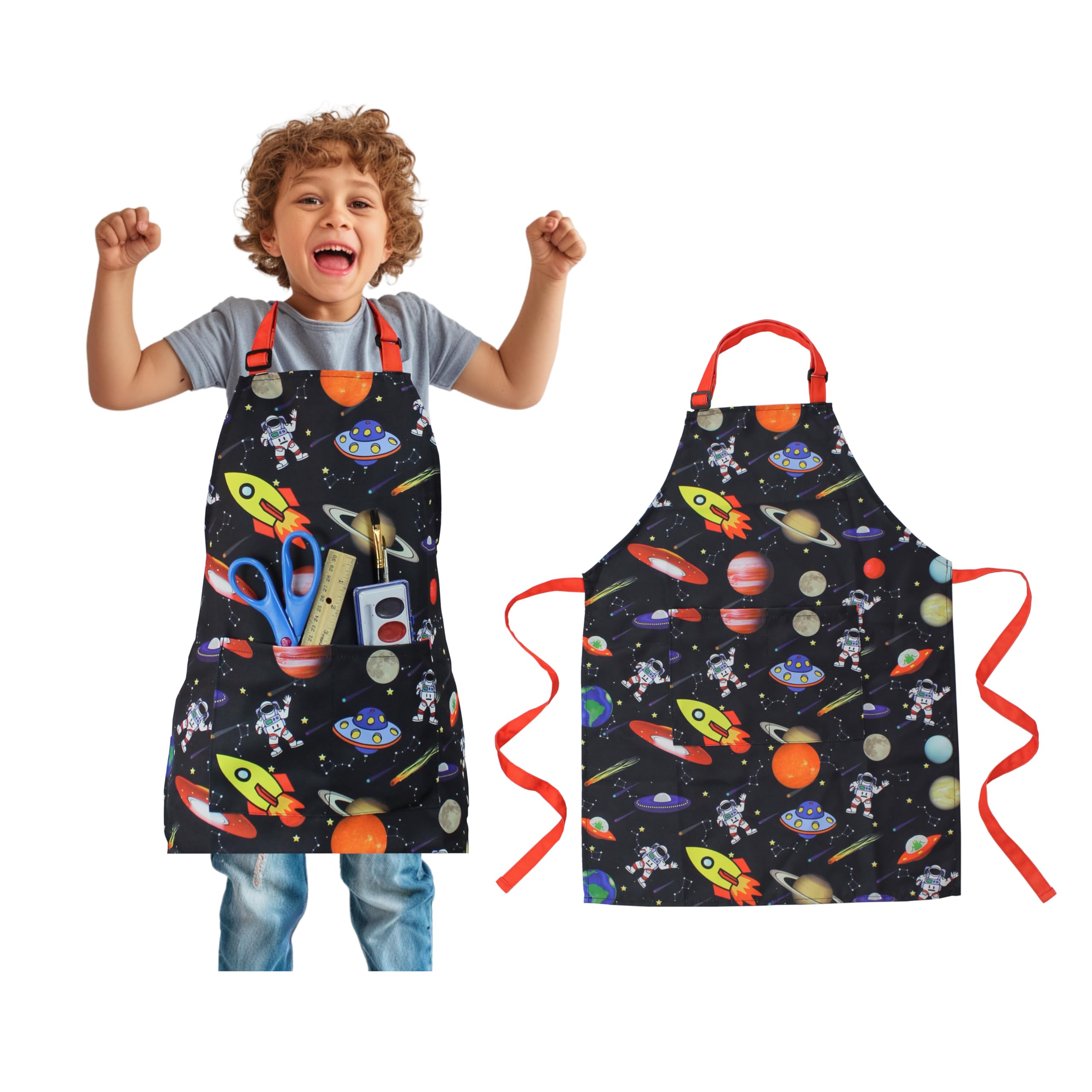 DASHN PRODUCTS Kids Apron - Space - Dual Pockets - chef kitchen cooking garden artist painting cleaning baking pottery gift boys girls