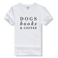 Letter Print T-Shirt with Dogs, Books, and Coffee Design