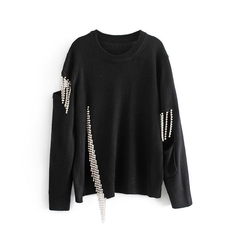 Rhinestone Fringed Hollow-Out Knit Sweater (Loose Fit)