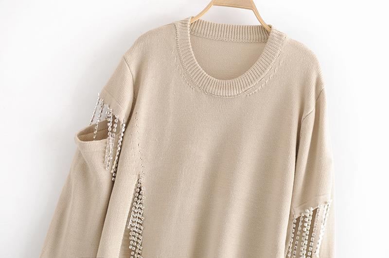 Rhinestone Fringed Hollow-Out Knit Sweater (Loose Fit)